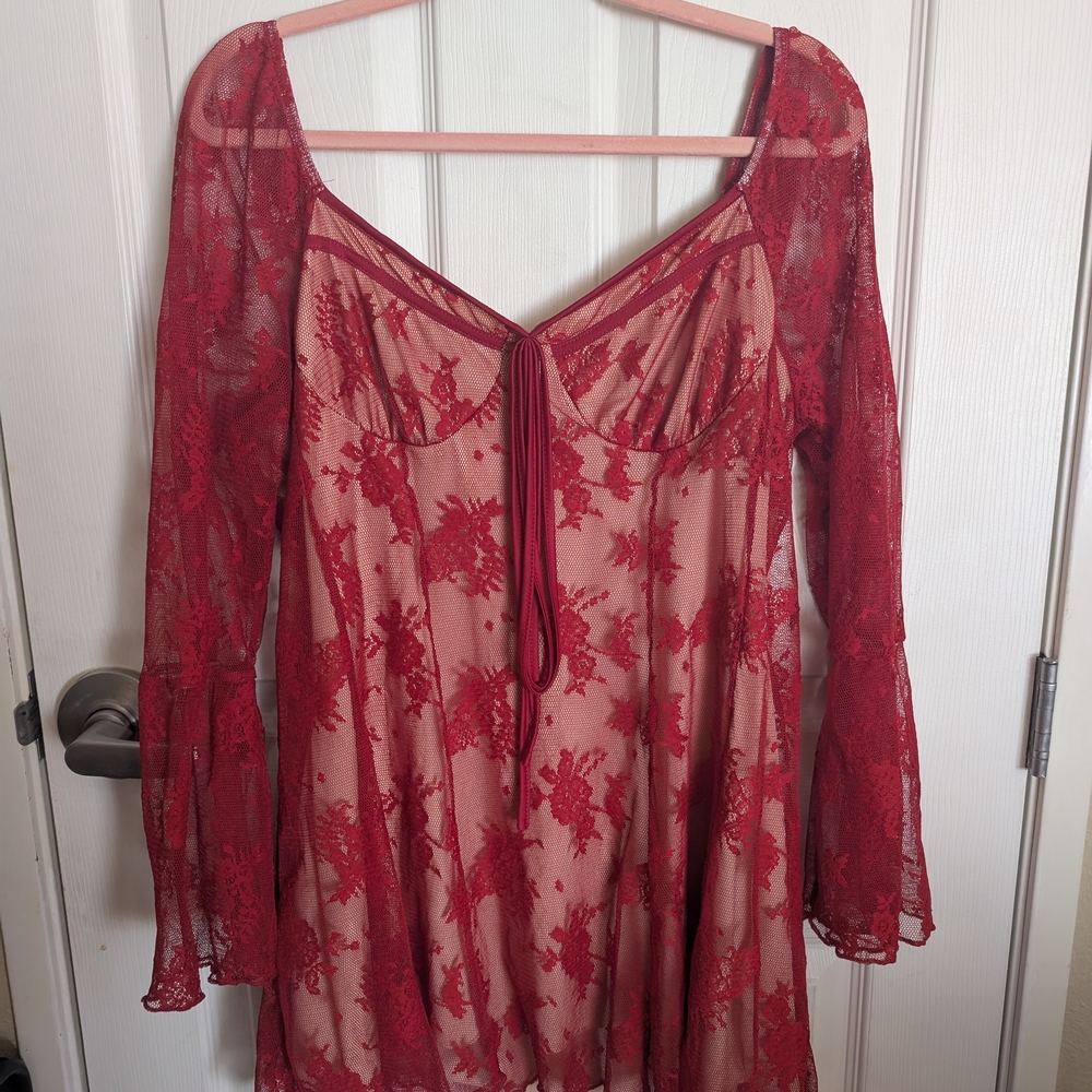 Chic Red Lace Dress with Sheer Sleeves